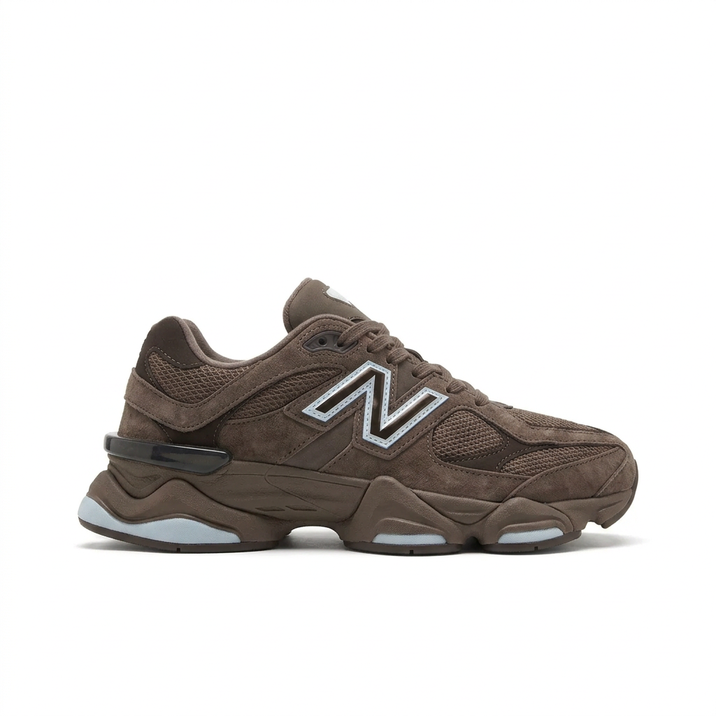 New Balance 9060 brown sneaker with pale blue sole accents, side view on white