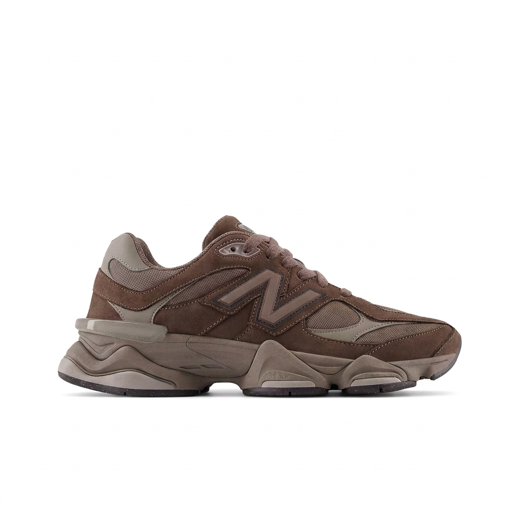 New Balance 9060 brown and taupe sneaker, right-facing side view on white