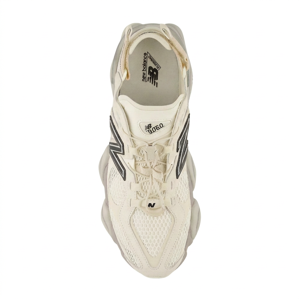 New Balance 9060 cream sneaker, top view on a white background