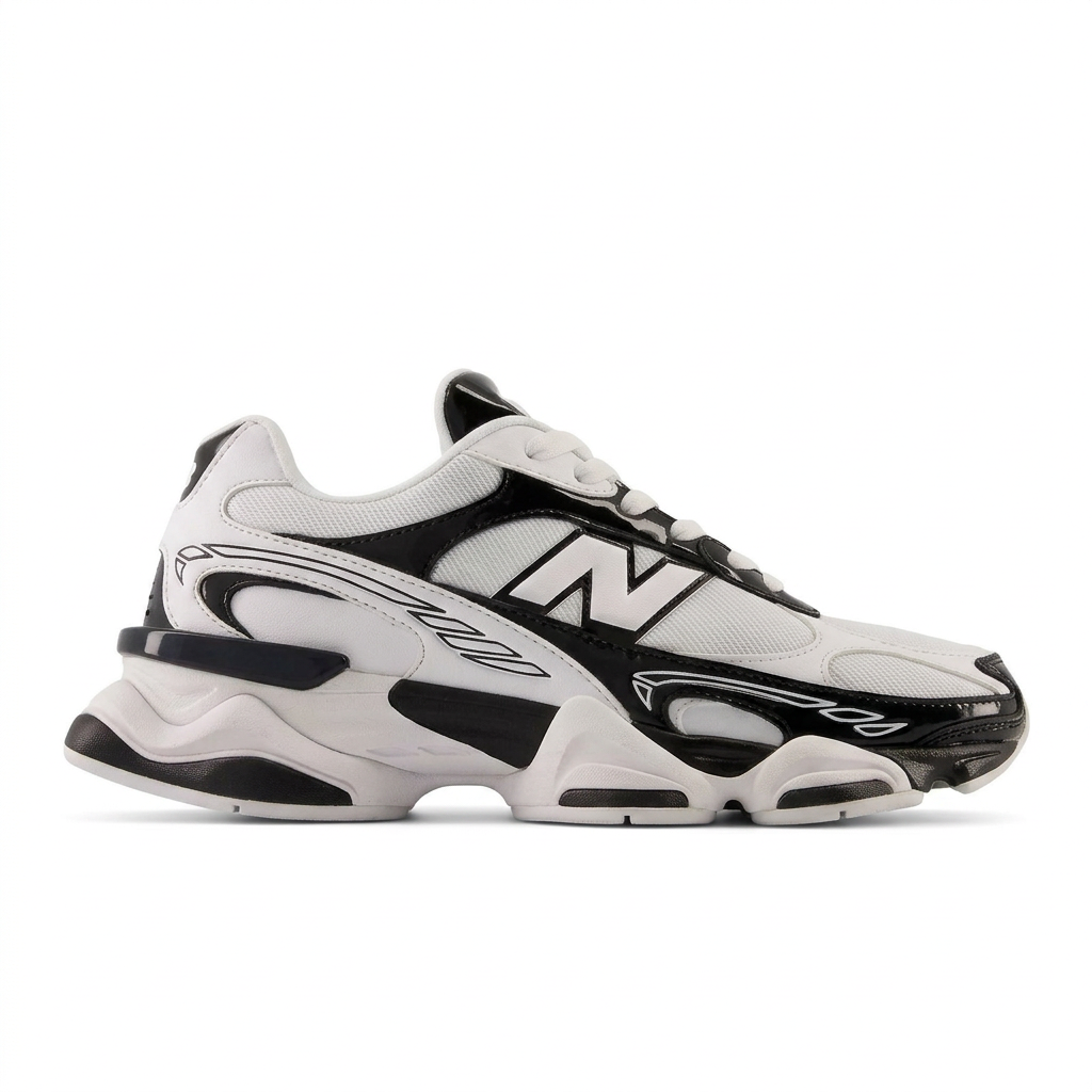 New Balance 9060 White and Black right-facing side view on white