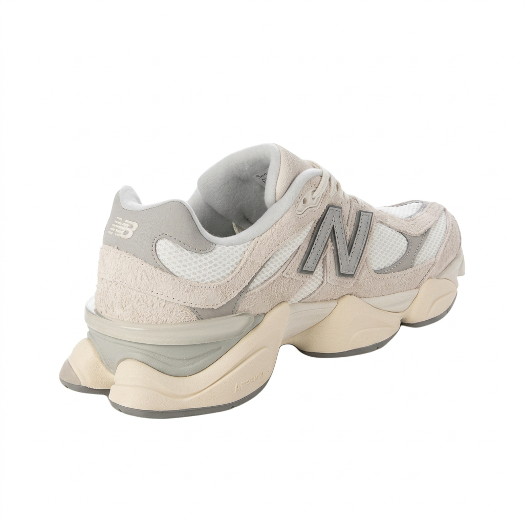 New Balance 9060 cream and grey rear three-quarter view on white