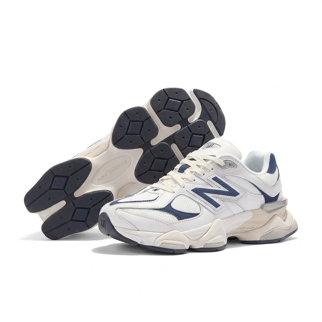 New Balance 9060 white and navy sneakers with segmented outsole displayed on white