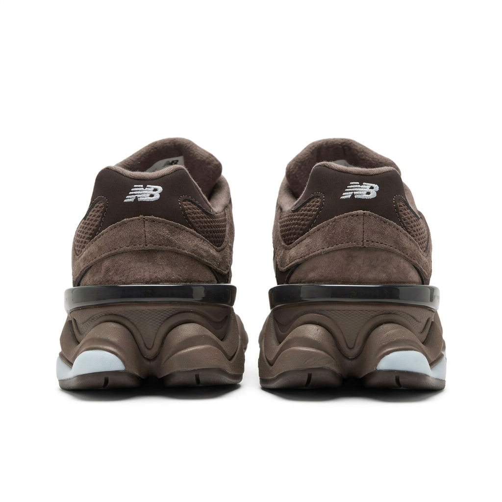 New Balance 9060 brown and ice blue sneakers, rear view on white