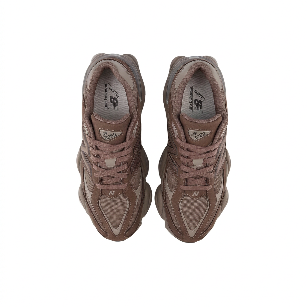 New Balance 9060 brown and taupe sneakers, top view on white