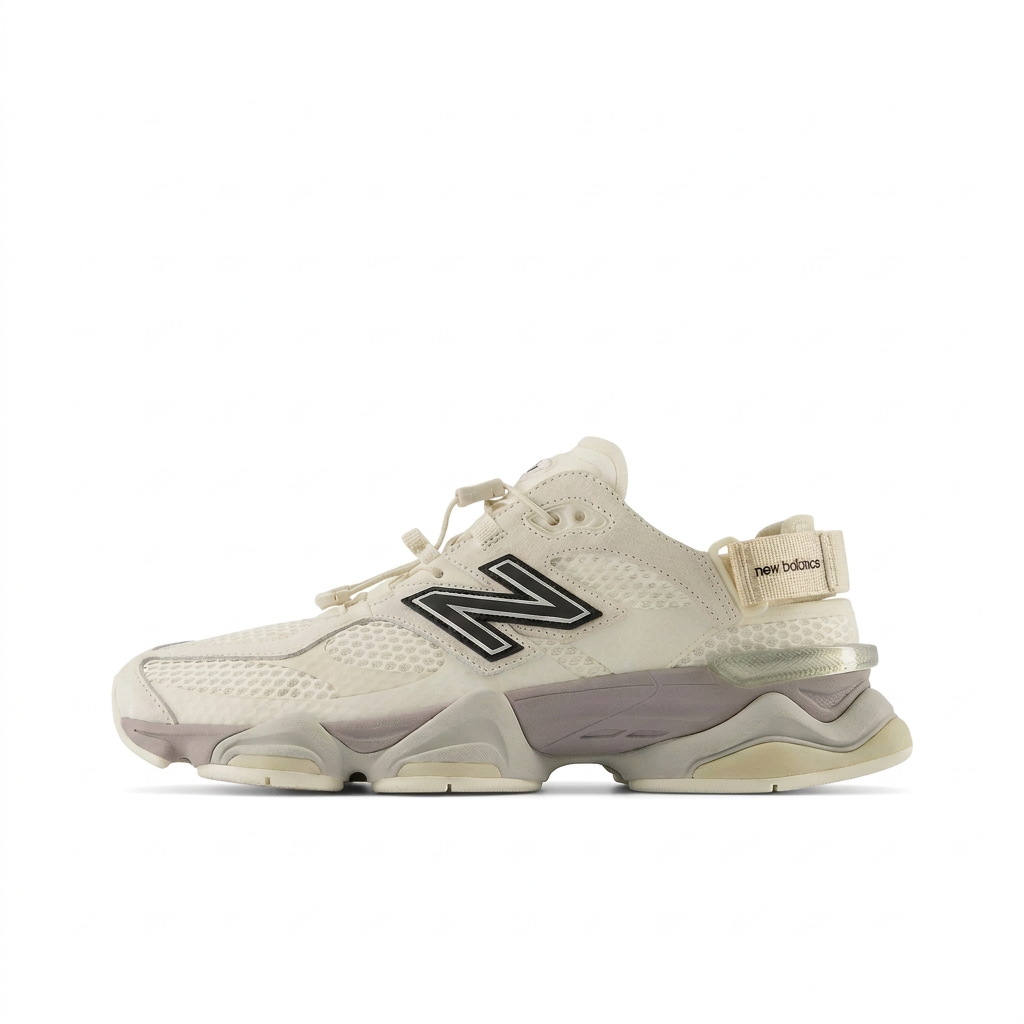 New Balance 9060 cream and grey sneaker, left-facing side view on a white background