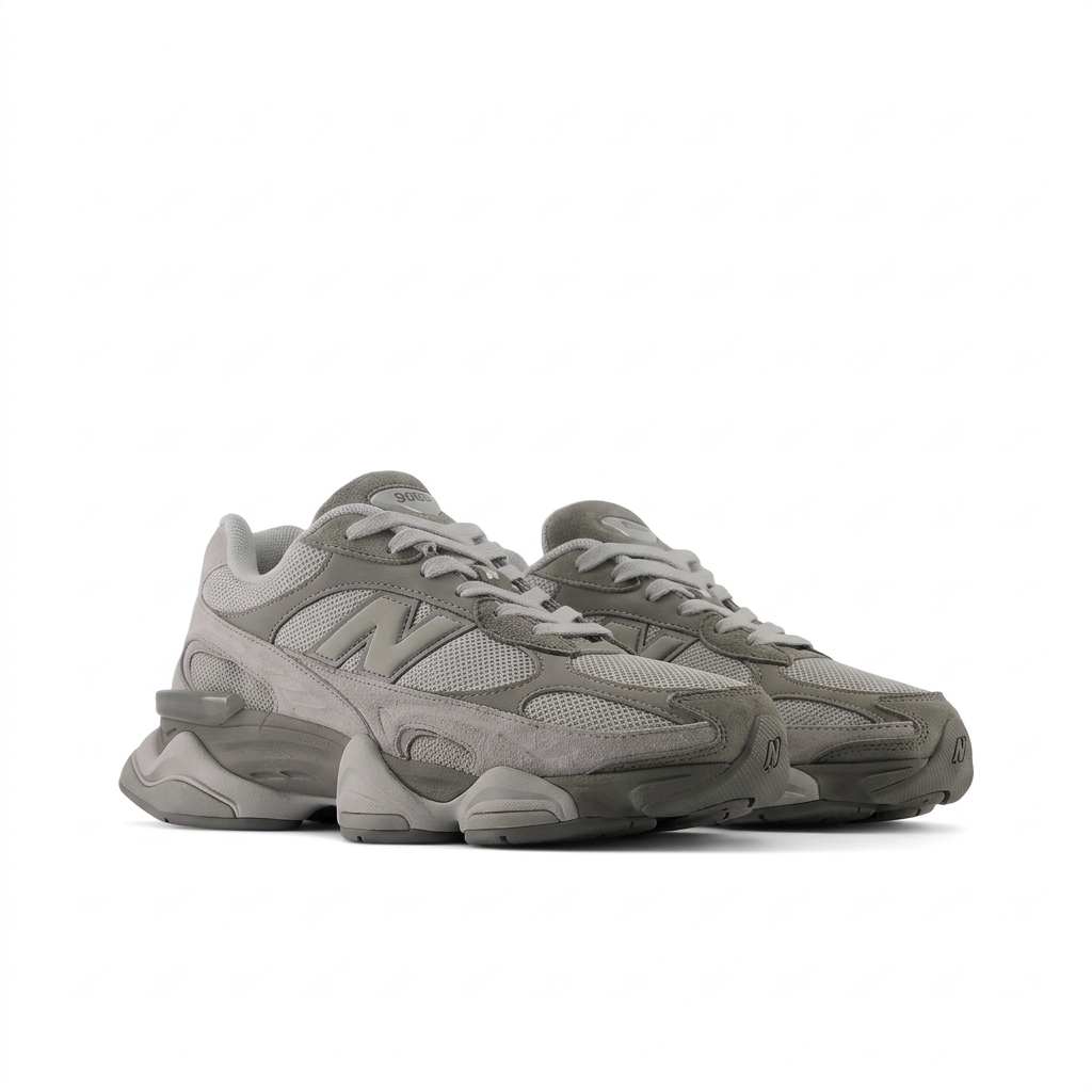 New Balance grey and charcoal sneakers, three-quarter pair view on white