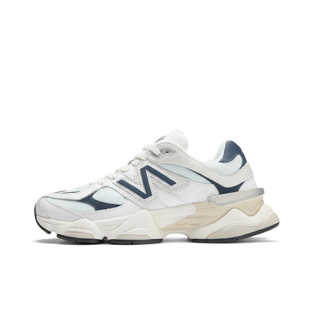 New Balance 9060 white and navy sneaker, side view on white