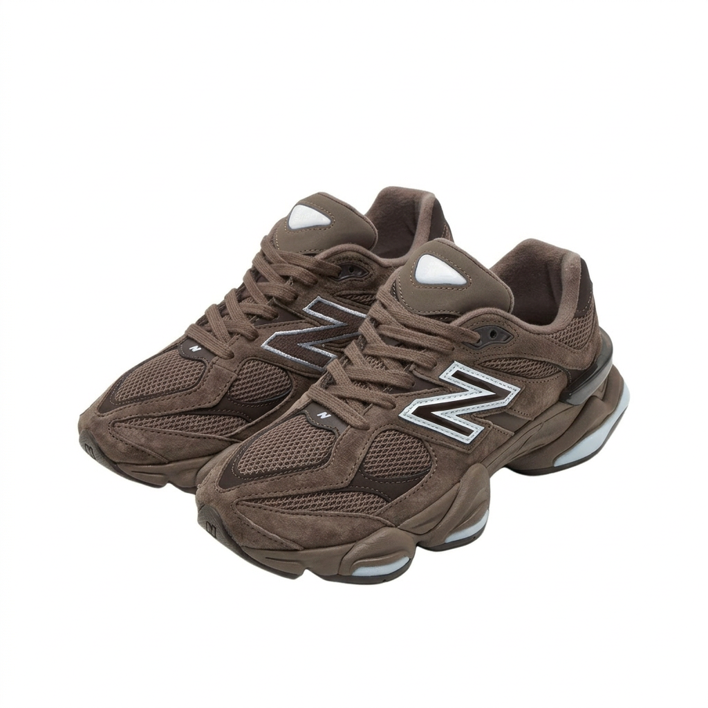 New Balance 9060 brown and ice blue sneakers, three-quarter pair view on white