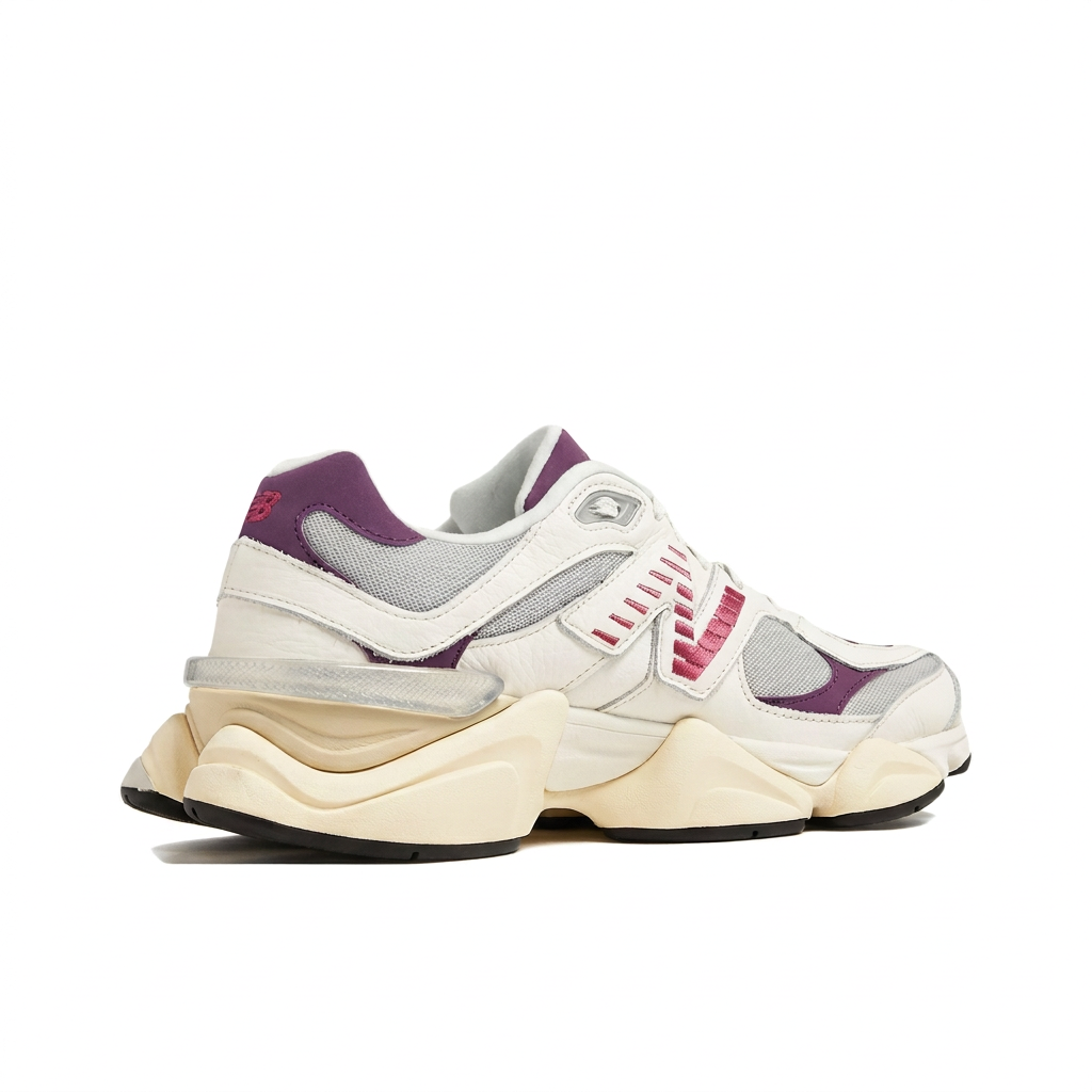 New Balance 9060 Cream - Burgundy rear side view with cleaned cream midsole on white background