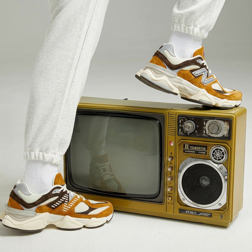 New Balance 9060 Tan Cream square lifestyle view with vintage television