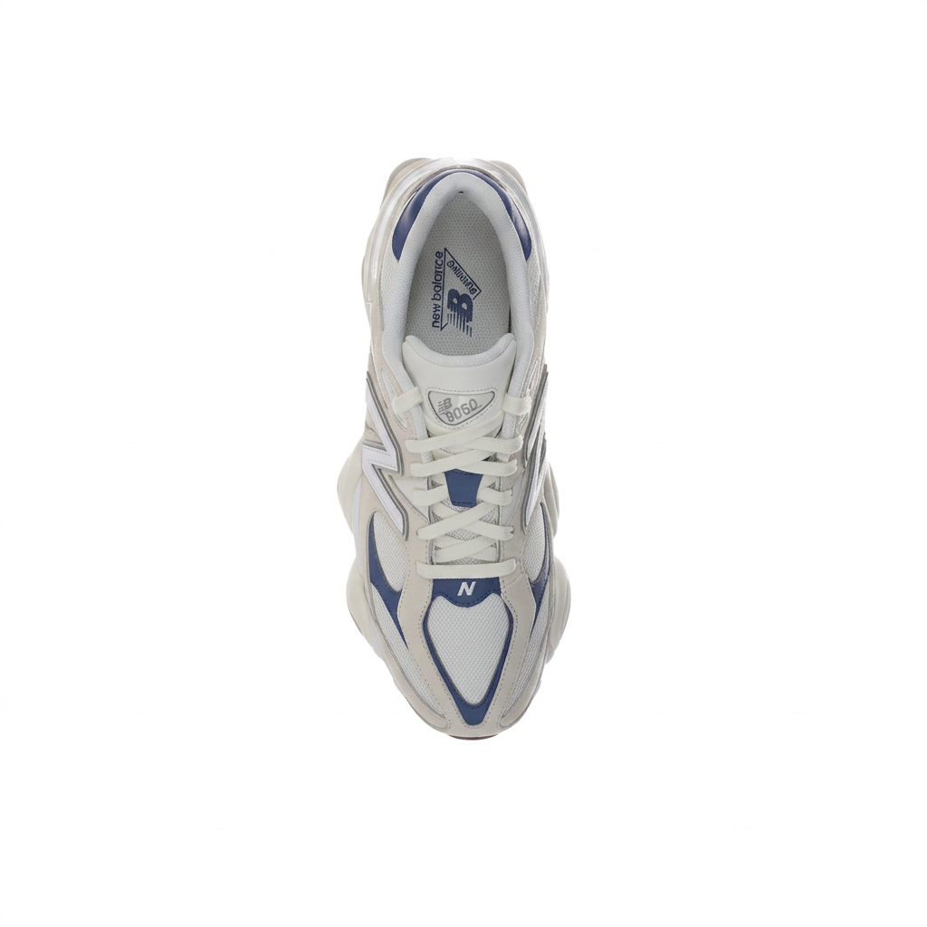 New Balance 9060 cream and navy overhead view on white