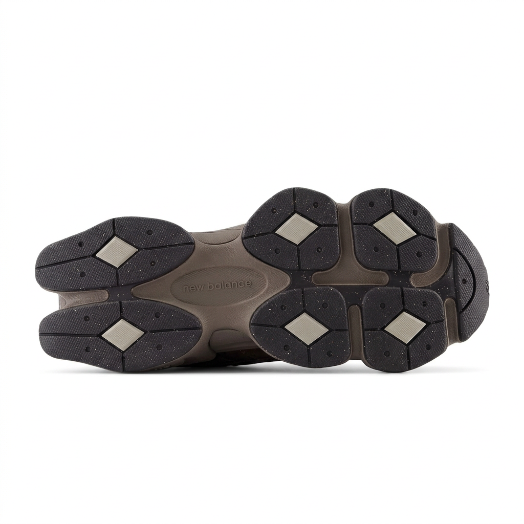 New Balance 9060 dark segmented outsole with taupe details on white