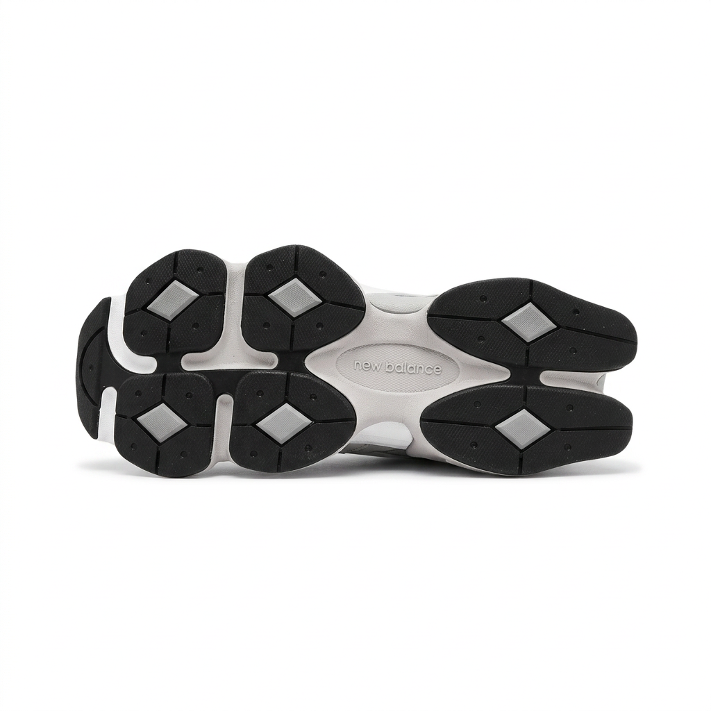 New Balance 9060 black and white segmented outsole, bottom view on a white background