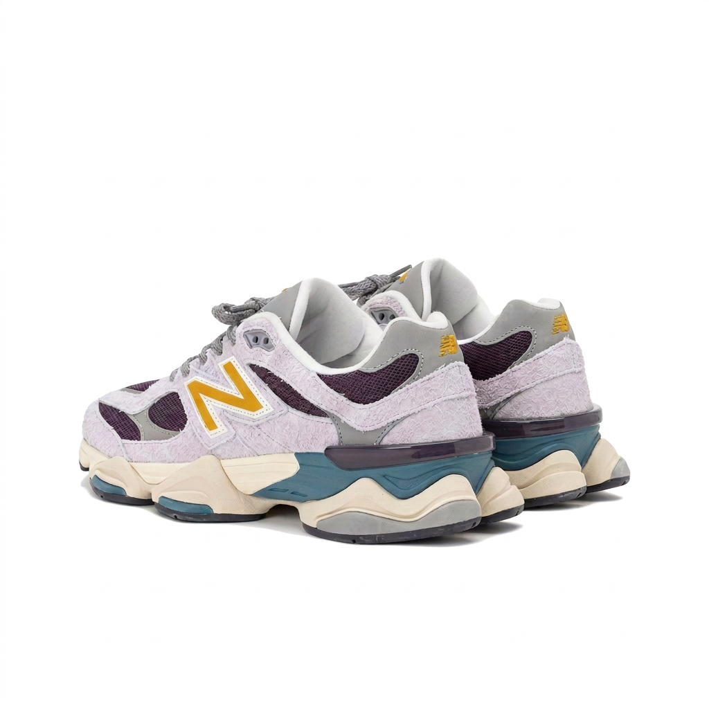 New Balance 9060 Light Grey Purple pair rear angled view on white background