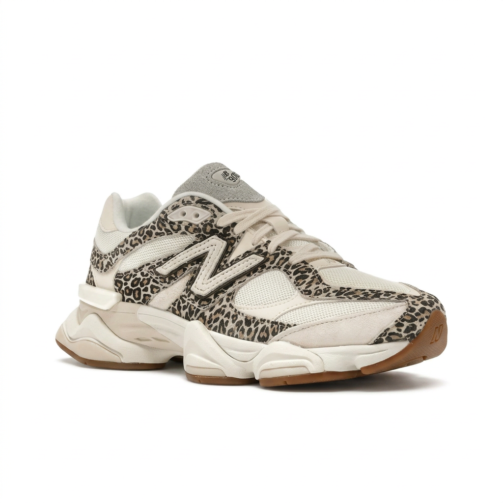 New Balance 9060 Cream Leopard Print front angled view on white background