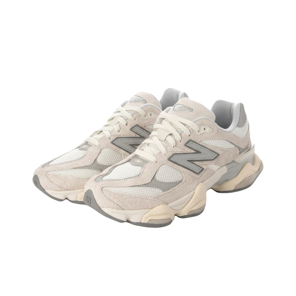 New Balance 9060 cream and grey pair front three-quarter view on white